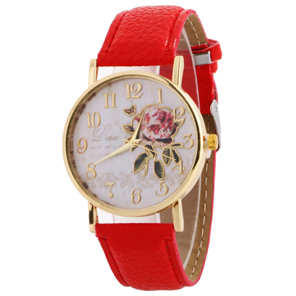 Rose Flower Round Dial Watch – Elegant Women’s Quartz Wristwatch with Faux Leather Band and Arabic Numbers – Montre Femme, Perfect Christmas Gift