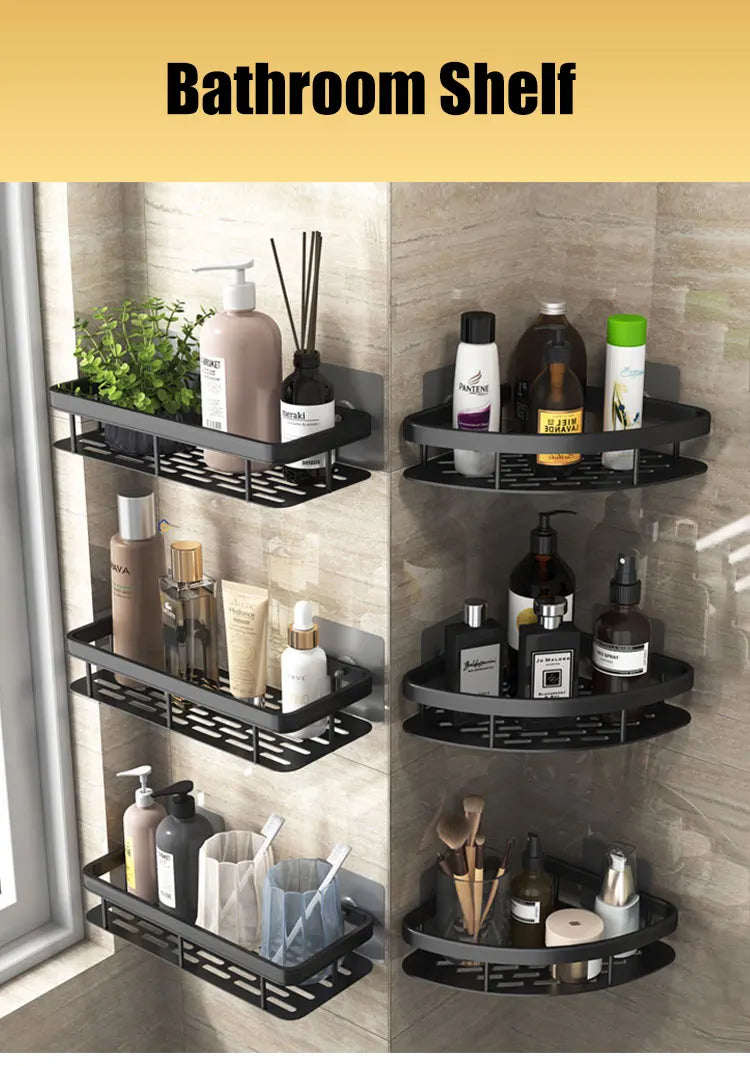 Aluminum Alloy Bathroom Shelf - No Drill Kitchen and Shower Storage Organizer, Wall Mounted Accessory Shelf