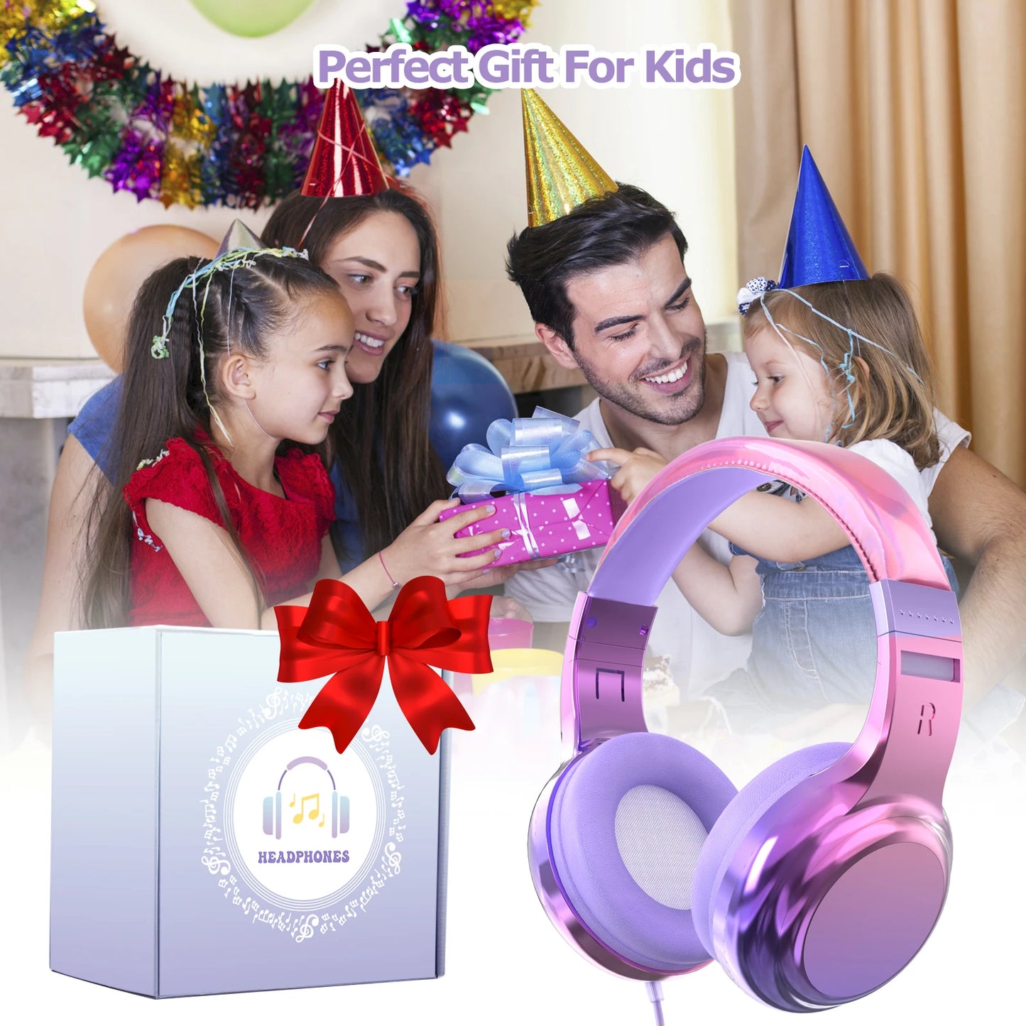 New Girls Wired Headphones with Mic – Over-Ear Headset for School, PC, Phone, Kids Gifts in Purple and Pink