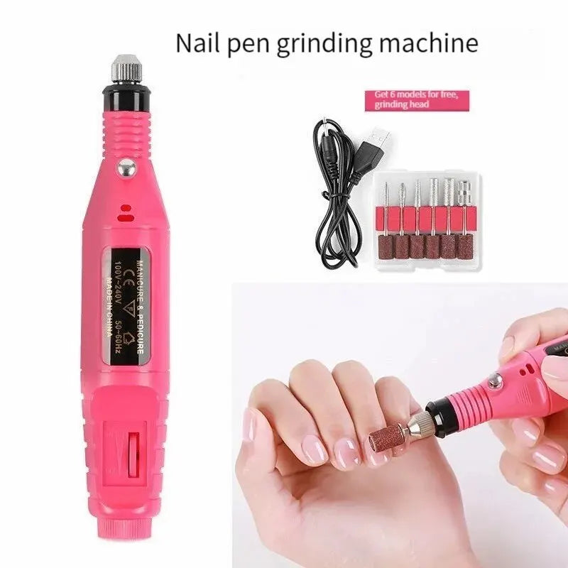 Fuchsia Pink USB Electric Nail Drills Kit - Manicure Pedicure Nail File Sanding Bands Machine with Nail Art Pen