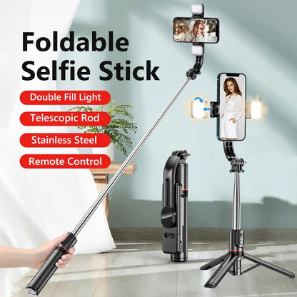 L13D Bluetooth Selfie Stick with Dual Fill Lights - 1160mm Extendable Tripod with Remote Shutter for Android and iOS Phones