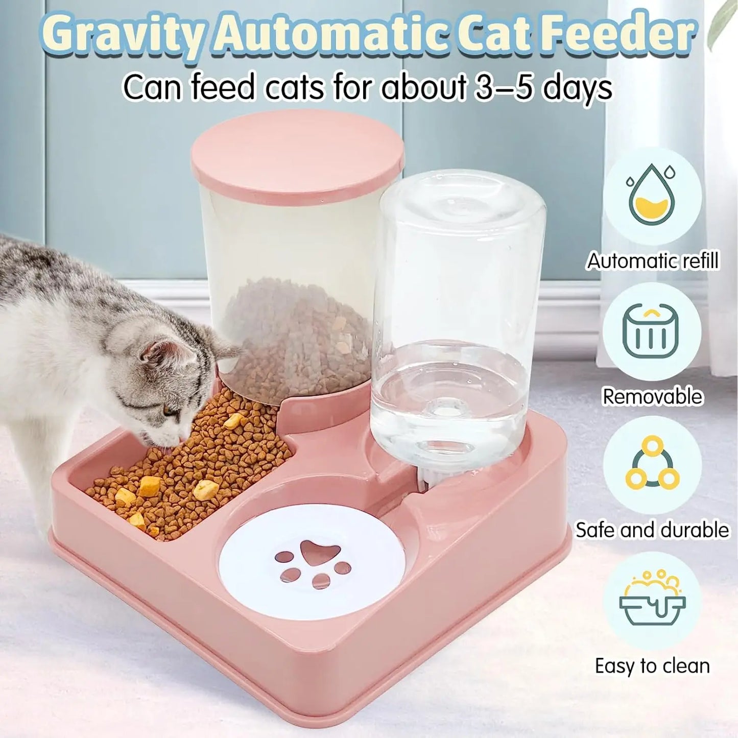 Automatic Cat Feeder and Water Dispenser Set – 2 in 1 Tilted Gravity Pet Food and Water Feeder