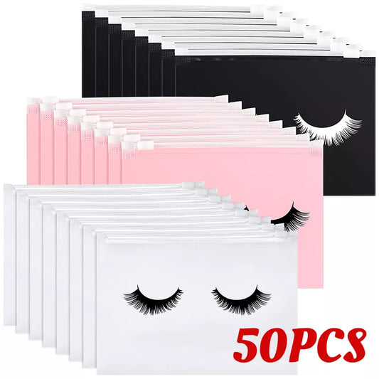 50pcs Reusable EVA Eyelash Aftercare Bags - Makeup Pouches with Zipper, Toilet Travel Plastic Storage, Cosmetic Makeup Accessories