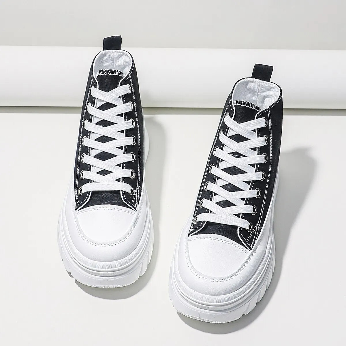 Lace-Up High Top Flatform Canvas Sneakers for Women - Fashionable, Comfortable, and Height-Increasing Casual Shoes