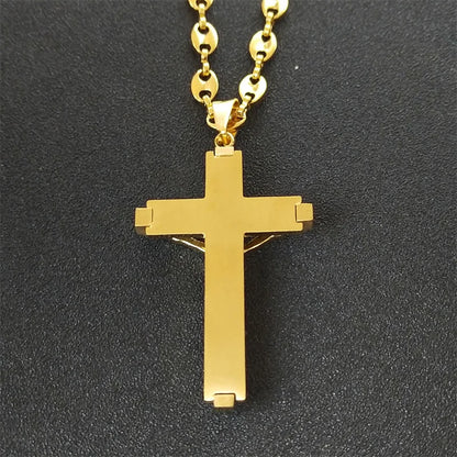 Jesus Cross Crucifix Pendant Necklace - Gold Stainless Steel Christian Coffee Bean Chain for Men, Croix Chrétienne