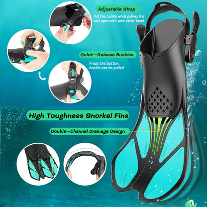 Adjustable Buckle Snorkel Fins - Short Silicone Swimming Flippers, Scuba Diving Shoes with Open Heel, Travel Size for Adults