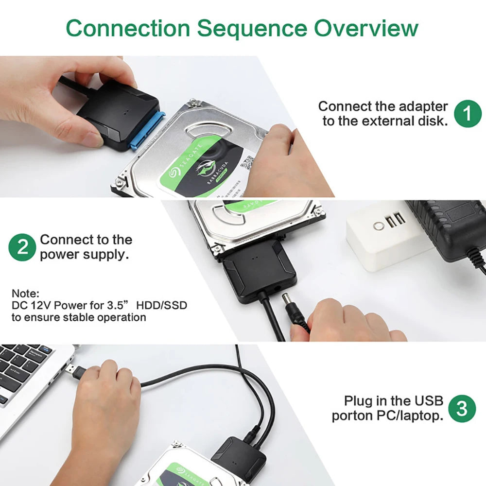 High-Speed SATA to USB 3.0 Adapter Cable for 2.5/3.5 Inch SSD HDD - UASP Supported with 12V Power Adapter