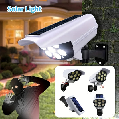 77 LED Outdoor Motion Sensor Solar Lights - Waterproof Wireless Floodlight and Dummy Decoy Security Camera for Porch, Garden, and Patio