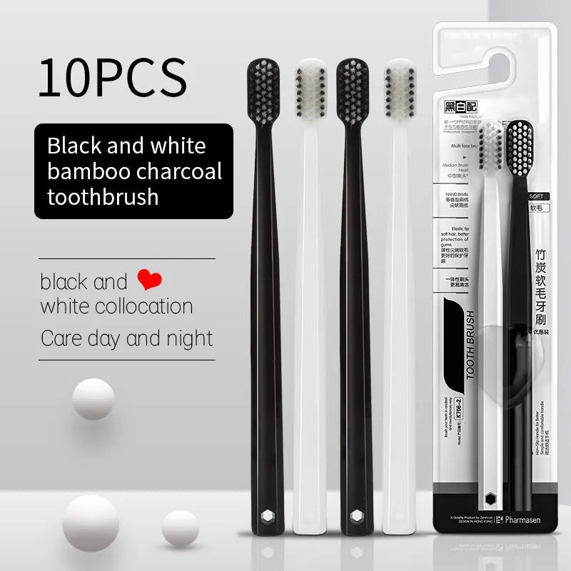 10PC Bamboo Charcoal Toothbrush Set - Silk Soft Bristles, Black and White, Men's and Women's, Family Toothbrushes