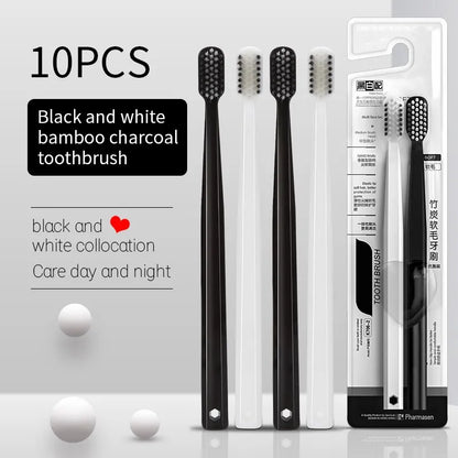 10PC Bamboo Charcoal Toothbrush Set - Silk Soft Bristles, Black and White, Men's and Women's, Family Toothbrushes