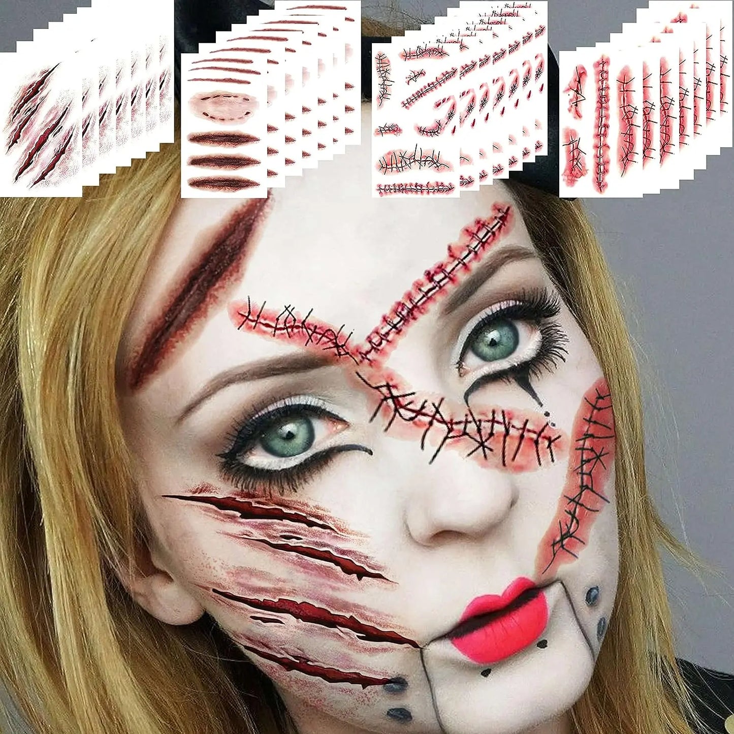 12PCS Halloween Temporary Tattoo Stickers - Realistic Wounds, Scab, Blood, 3D Bloody Knife Scar, Waterproof