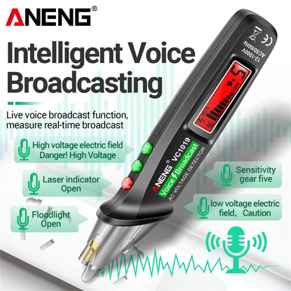 ANENG VC1019 DC/AC Test Pen - Voice Broadcast Voltage Detector | 12-1000V Non-Contact Electric Tester Meter Tools