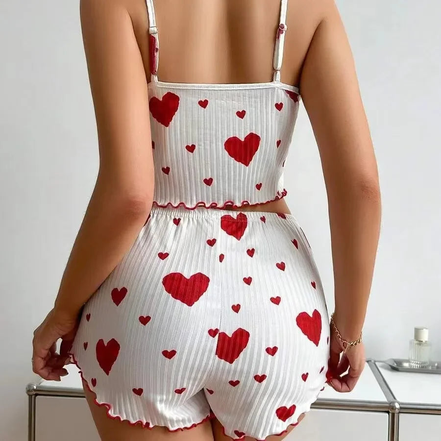 Hot Selling Women's Pajamas Set - 2PCS White Tank Top and Shorts Sleepwear with Red Love Print, Soft and Casual