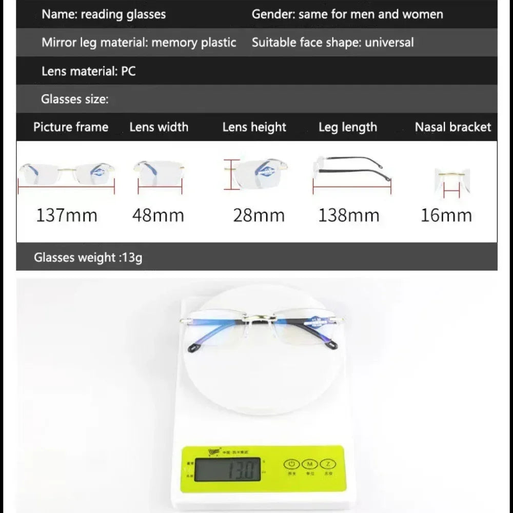 New Anti-Blue Ray Reading Glasses – Rimless Design for Men and Women, Presbyopia Eyewear, Blue Light Glasses, Gafas De Lectura