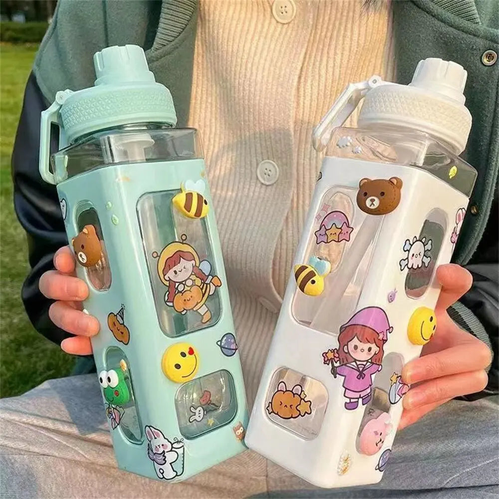 Kawaii Water Bottle with Straw: 3D Cute Bear Sticker, BPA-Free Plastic Square Sippy Cup - Portable 700ml Drinkware