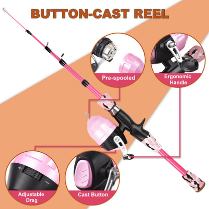 Kids Fishing Rod and Reel Combo | Telescopic Casting Rod Pole | 1.2m/1.5m | Includes Spincast Reel, Hooks, Lures, Swivels, and Bag