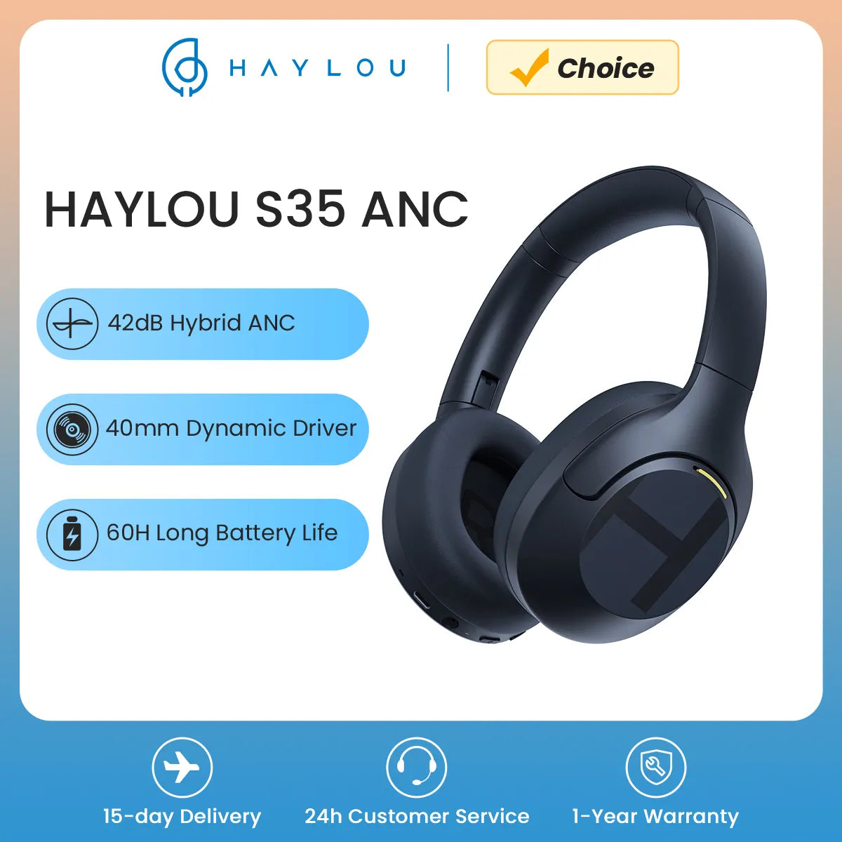 HAYLOU S35 ANC Wireless Over-Ear Headphones - Bluetooth 5.2 with 42dB ANC - 40mm Dynamic Driver, 60-hour Battery Life