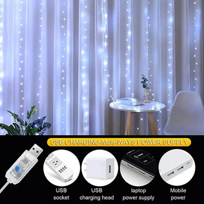 LED Curtain String Lights – Christmas Garland Fairy Light with 8 Modes, USB Remote Control for Wedding, Holiday and Home Decor