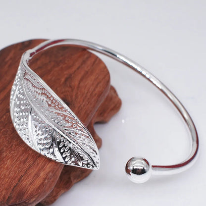 Fashion 925 Sterling Silver Leaf Shaped Cuff Bracelet: Adjustable Charm Bangle for Women - Girls Party Jewelry, Christmas Gift Idea