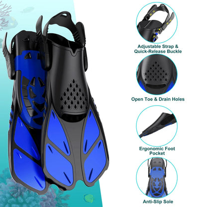 Adjustable Buckle Snorkel Fins - Short Silicone Swimming Flippers, Scuba Diving Shoes with Open Heel, Travel Size for Adults