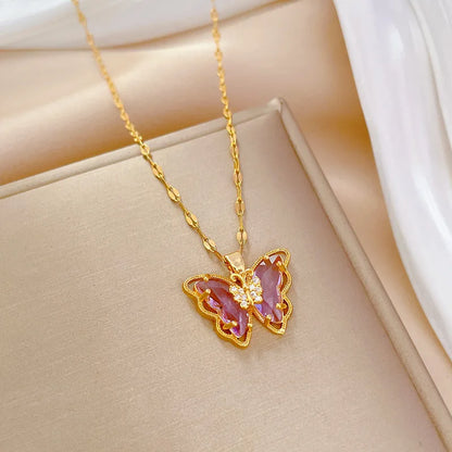 Gorgeous Hollow Titanium Steel Butterfly Necklace with Crystal Drop – Stylish and Elegant Jewelry for Women