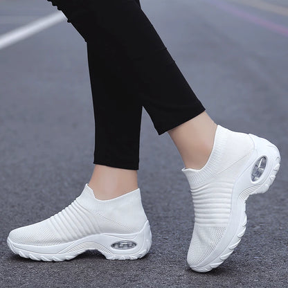 Sporty Comfort: Women's Fashionable Thick Sole Sneakers - Casual Sports Socks, Air Cushion, Elevated Sloping Heel, Rocking Shoes