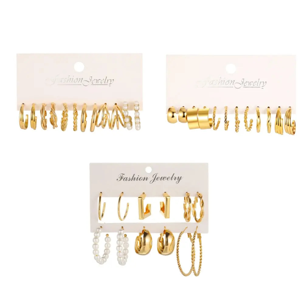 18Pcs Women's Earrings Set: C-Shaped Geometric Fake-Pearl Metal Earrings, Gold-Color Atmospheric Queuing Alloy