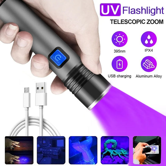 Zoomable USB Rechargeable UV Flashlight: 395nm Blacklight for Pet Urine Detection and Resin Curing - Ultraviolet Light Tool