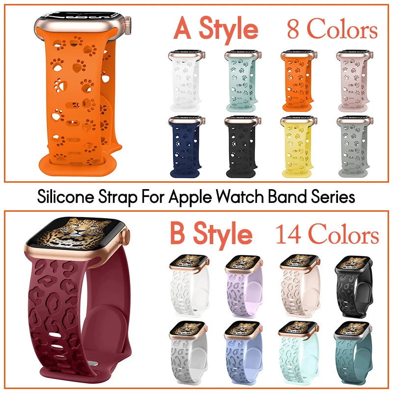 Cat's Paw Hollow Silicone Strap for iWatch Series 3-8 – Leopard Engraved Apple Watch Band ( 38mm, 40mm, 45mm, 49mm )