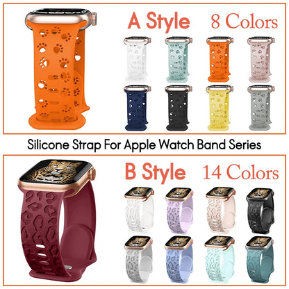 Cat's Paw Hollow Silicone Strap for iWatch Series 3-8 – Leopard Engraved Apple Watch Band ( 38mm, 40mm, 45mm, 49mm )