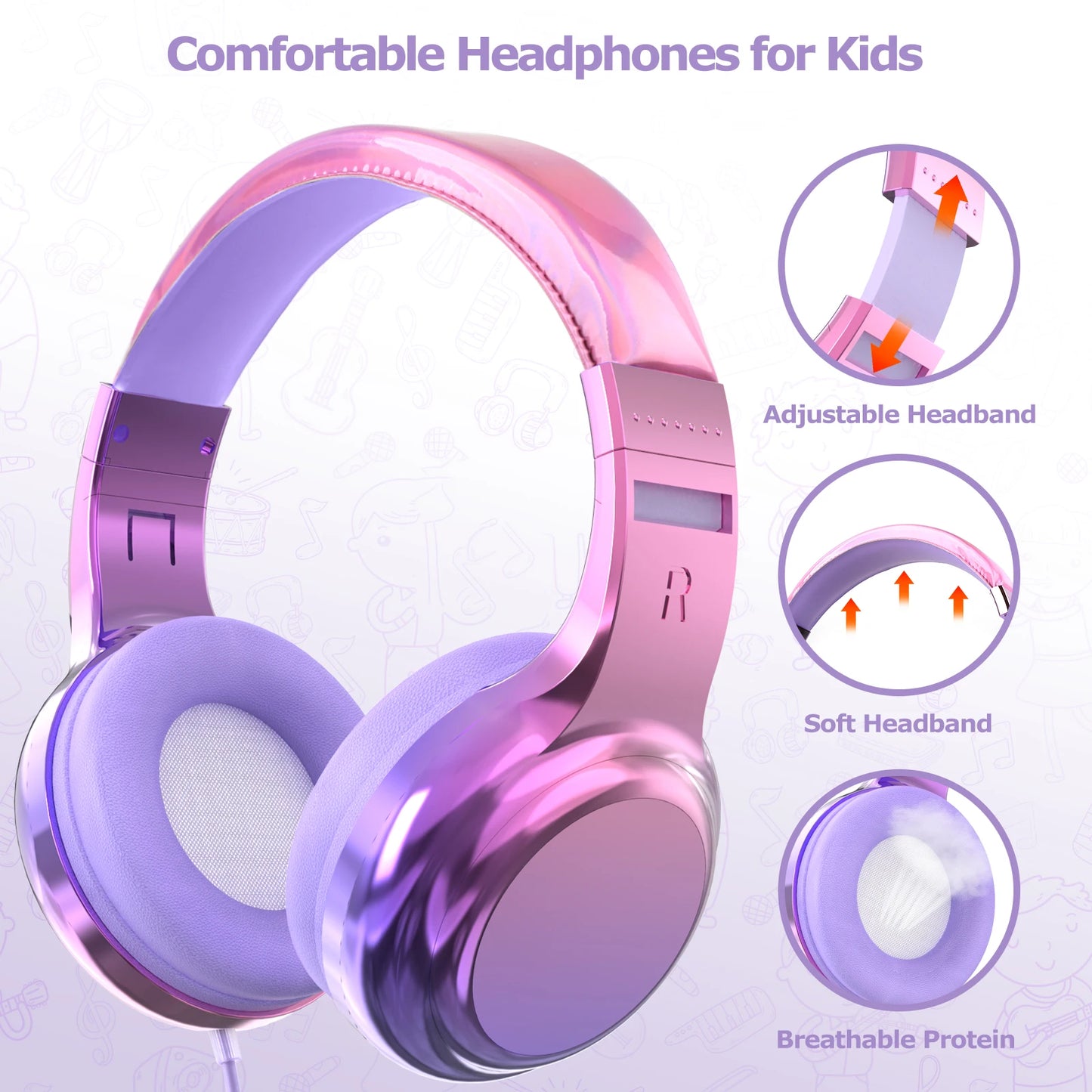 New Girls Wired Headphones with Mic – Over-Ear Headset for School, PC, Phone, Kids Gifts in Purple and Pink