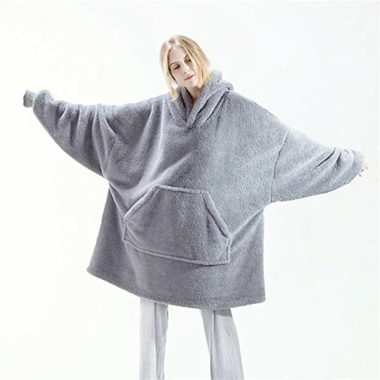 2024 Double-Faced Fleece Hoodie Blanket for Couples - Oversized, Warm Winter Robe with Large Pocket for Women and Men