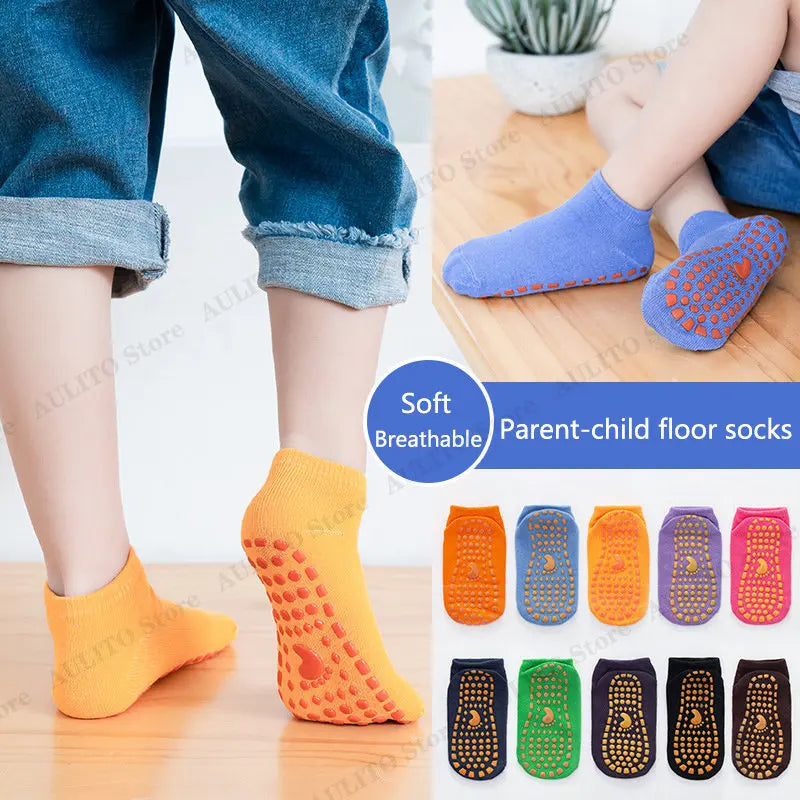 Anti-Slip Floor Socks: Parent-Child Trampoline Cotton Breathable Socks for Kids & Adults - Elastic Sports Wear for Boys & Girls Outdoors