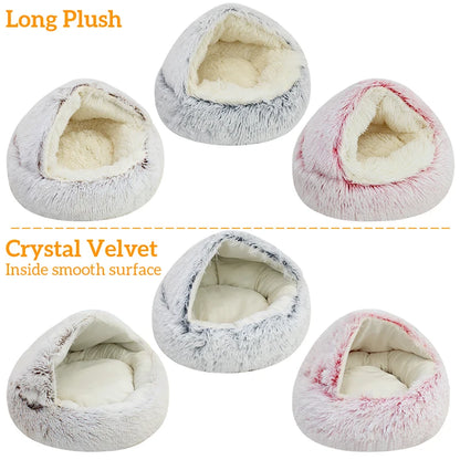 Winter Long Plush 2-in-1 Pet Cat Bed | Round Cushion & Sleep Bag | Warm Cat House & Nest Kennel for Small Dogs & Cats