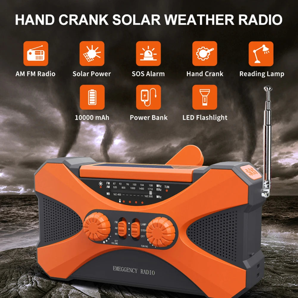 10000mAh Multifunctional Emergency Radio - Hand Crank & Solar Powered, USB Charging, FM/AM/WB/NOAA, with LED Flashlight and Power Torch