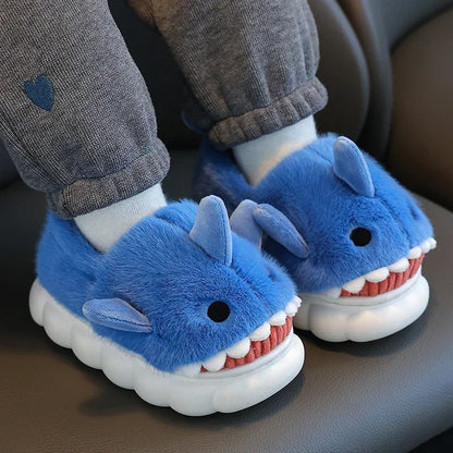 Cute Cartoon Shark Winter Heel Wrap Slippers for Kids - Non-Slip Soft Sole Plush Home Shoes for Boys and Girls