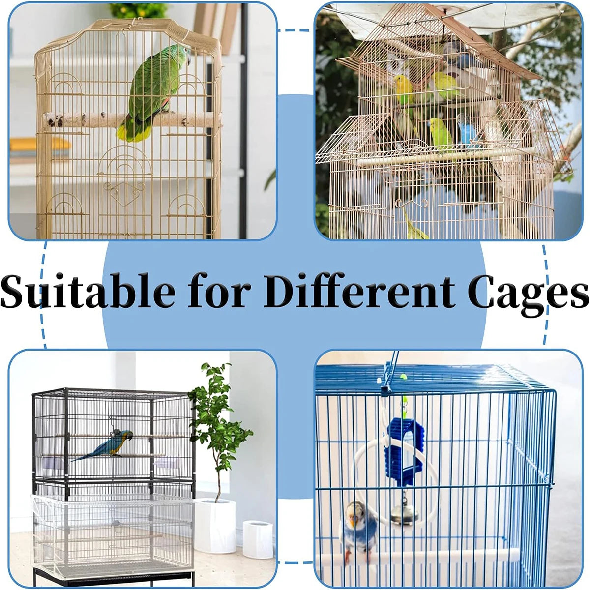 Adjustable Bird Cage Net Cover - Soft Skirt Guard and Feather Catcher - Nylon Mesh Netting for Round and Square Cages