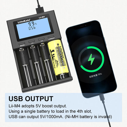 LiitoKala Lii-M4S Lii-M4 Rechargeable Battery Charger: 3.7V Lithium-ion & 1.2V Ni-MH AA Capacity Tester for 18650, 26650, 21700, 18500 Batteries