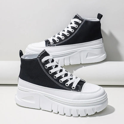 Lace-Up High Top Flatform Canvas Sneakers for Women - Fashionable, Comfortable, and Height-Increasing Casual Shoes