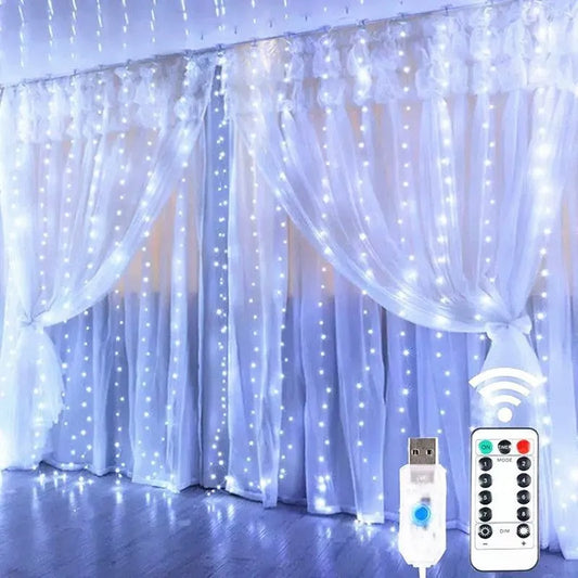 LED Curtain String Lights – Christmas Garland Fairy Light with 8 Modes, USB Remote Control for Wedding, Holiday and Home Decor