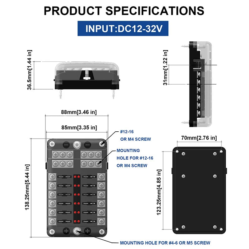 12-Way Car Boat Fuse Box Holder: Blade Fuse Holder Block with Warning Indicator - 12V~24V Power Distribution Panel Board