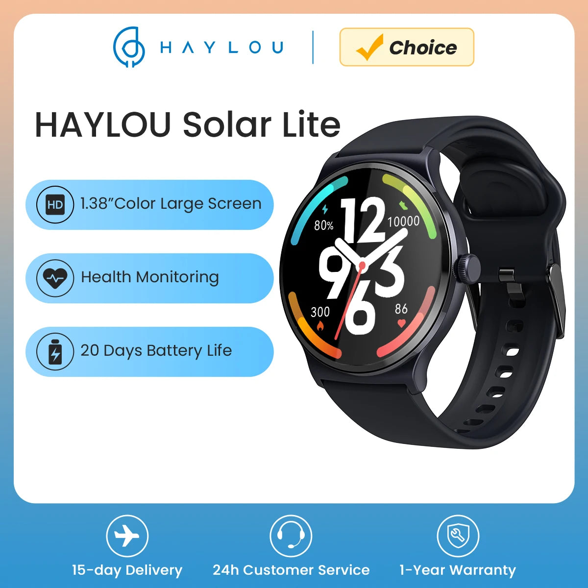 HAYLOU Solar Lite Smart Watch - 100+ Workout Modes, Heart Rate, Blood Oxygen Monitoring, Sleep & Stress Testing Sport Watch