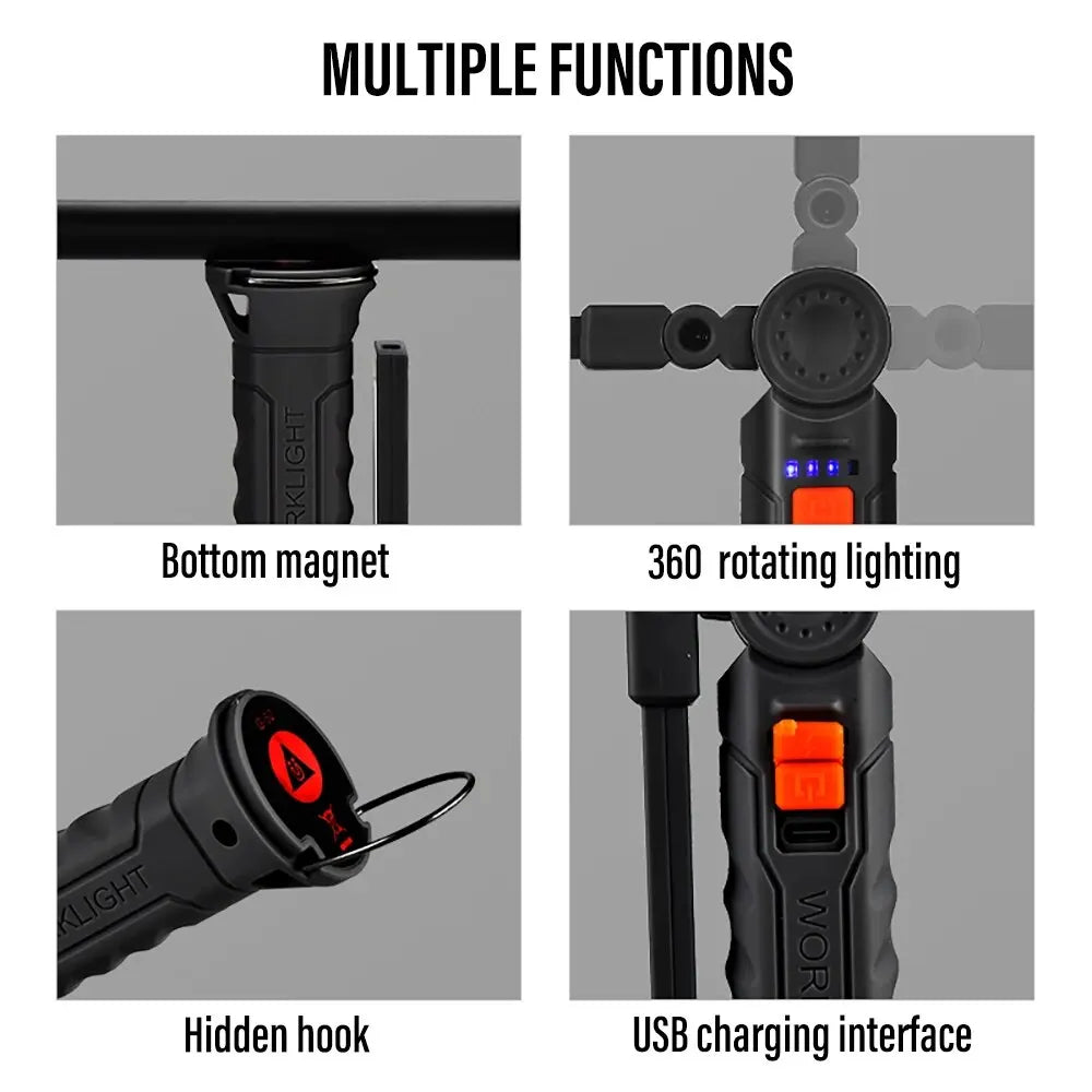 Rotatable Head Rechargeable LED Work Light: Camping Flashlight with 4 Lighting Modes - Magnet, Waterproof for Emergency Lighting