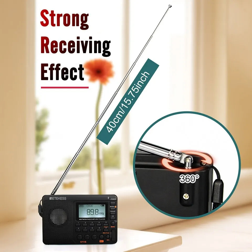 RETEKESS V115 Portable Radio: FM AM SW Rechargeable Shortwave Radio with USB Recorder - Batteries Included, Speaker for Elders