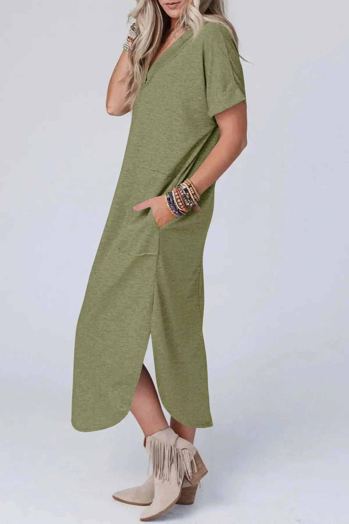 Summer Elegant Women's Cotton Linen Dress - Solid Color, Short Sleeve V-Neck, Comfortable Loose Fit with Pockets, Long Ladies Dress