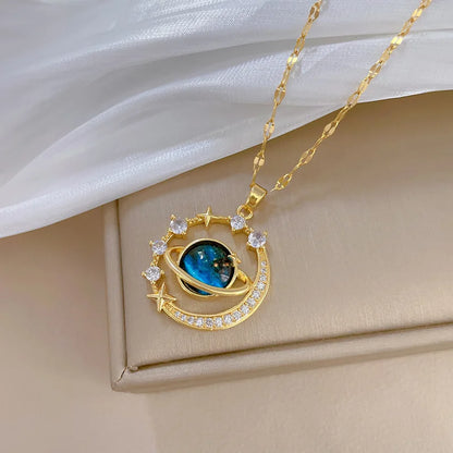 Exquisite Starry Sky Planet Light Necklace – Luxurious Stainless Steel Clavicle Chain with Stars and Moon – Gorgeous Versatile Jewelry