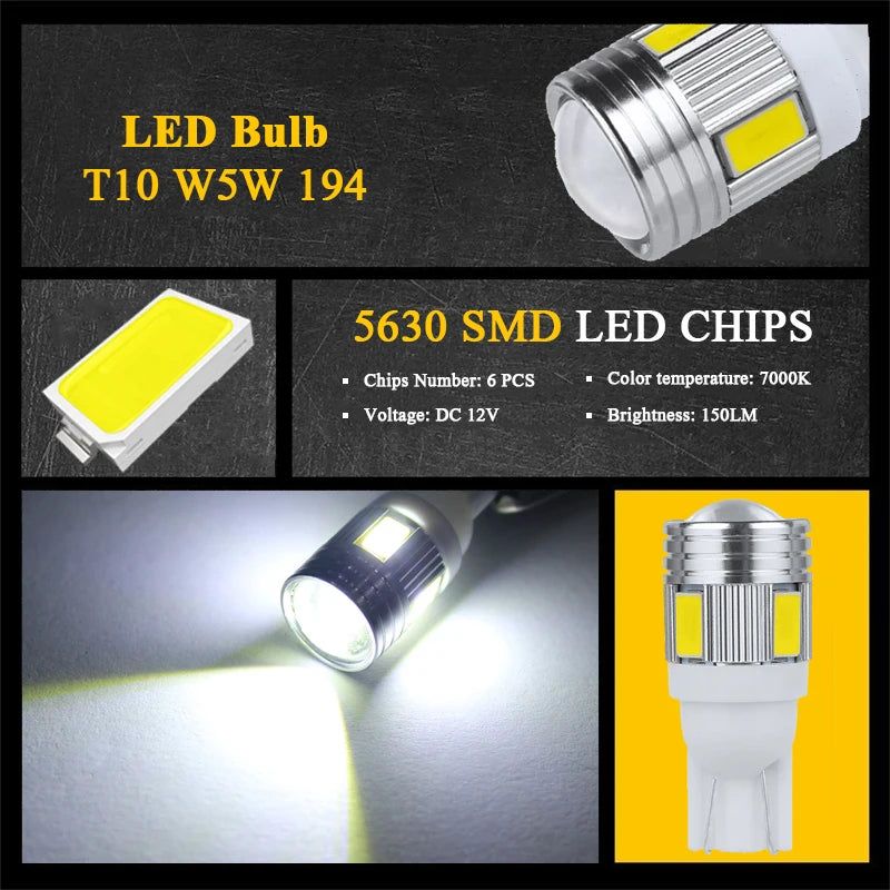 Car LED Bulb T10 W5W 194 – 12V 5630 SMD, 7000K White Light for Interior, Dome, Maps, License Plate and Trunk | Wedge Side Lamp Signal Light