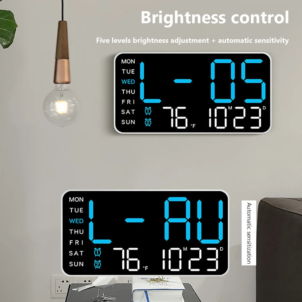 LED Screen Digital Wall Clock - 12/24H Table Clock with Adjustable Brightness, Electronic Alarm for Home Living Room Decor