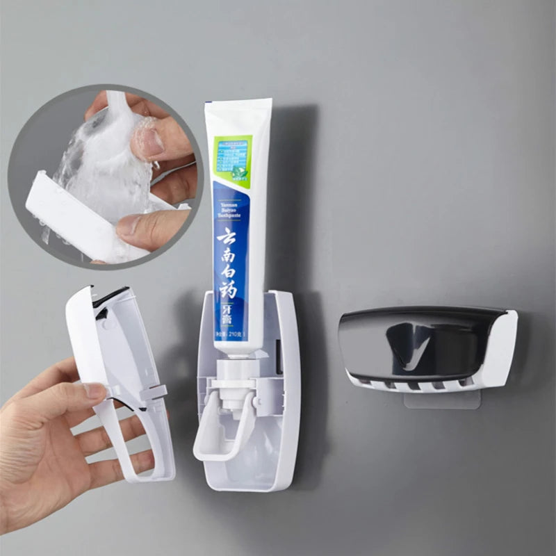 2-Piece Automatic Toothpaste Dispenser and Toothbrush Holder Set - Wall-Mounted, Dust-Proof Bathroom Accessory with Squeezer Function