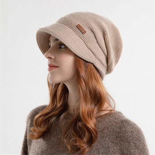 Autumn Winter Soft Plush Knitted Hat - Warm Thickened Fleece Lined Beanie for Women and Girls, Windproof Short Brim Casual Outdoor Bonnet